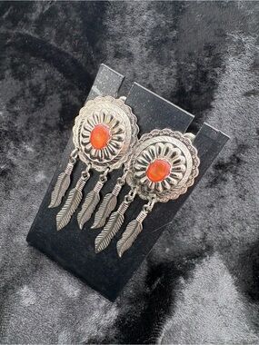 Silver-Tone Feather Drop Earrings with Orange Stone - Women Jewelry